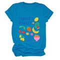 Detail of teal cotton T-shirt featuring a colorful fruit market graphic and rolled sleeves - S / Lake Blue