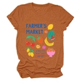 Detailed flat lay of a burnt orange t-shirt with a colorful fruit farmer's market print - S / Burnt Orange