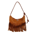 Brown faux suede bohemian tassel shoulder bag with long fringes and metal zipper detail - Fringe Hobo Bag / Brown