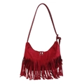 Red suede crossbody bag with decorative fringe tassels and adjustable shoulder strap - Fringe Hobo Bag / Red