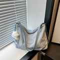 Light blue pleated nylon large capacity tote bag with cute cloud plush charm detail - Blue with Pendant