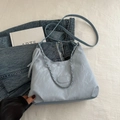 Light blue slouchy shoulder bag with pleated texture and silver chain strap details - No Pendant / Blue