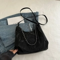 Black slouchy hobo bag with pleated texture and silver chain strap for women - No Pendant / Black