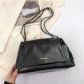 Classic black soft leather tote bag with gold logo and stylish metal chain strap - Black