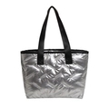 Silver quilted tote bag with black straps and metallic finish for 2025 fashion - Silver