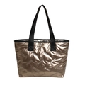 Chic metallic champagne gold quilted tote bag with spacious interior and black straps - Gold