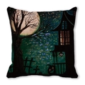 Starry night style pumpkin linen pillowcase with gothic house and withered tree - Fantasy Moon Building Silhouette (20) / 45x45cm