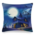 Halloween throw pillow cover featuring haunted house and black cat linen print - Night Blue Castle Black Cat Style (ym-11)