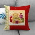 Christmas pillowcase with teddy bear and gift boxes on a gray sofa, peach skin fabric - Teddy Bear Red and Beige Patchwork Christmas Pillow (tpr-39)