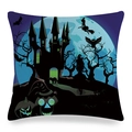 Halloween pumpkin linen pillowcase featuring castle, witch and bat motifs on dark blue - Deep Blue Witch Pumpkin Style (ym-13)