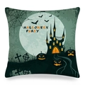 Halloween Party linen pillowcase with pumpkins and spooky castle silhouette on dark green - Dark Green Halloween Party Style (ym-17)