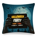 Linen Halloween Party pillow cover featuring festive spooky graveyard and full moon design - Blue Green Hand Wood Sign Style (ym-19)