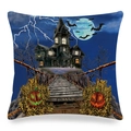 Halloween pumpkin haunted house pillowcase with digital print on linen texture - Thunder Night Bridge Haunted House Style (ym-27)