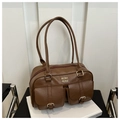 Brown vintage PU leather Boston bag with double handles and front pocket buckles - Brown