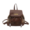 Zaino vintage marrone da donna con motivo a quadri e dettagli in pelle scura - Cachi