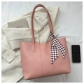 Minimalist pale pink tote bag with matte PU leather and checkered decorative scarf - Pink