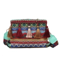 Borsa a tracolla etnica boho con motivi intrecciati colorati e nappe decorative - Blu