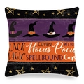 Halloween pumpkin linen pillow cover with purple wizard hats and Hocus Pocus art text - Orange Black Purple Stripe Wizard Hat Style (ym-34)