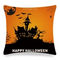 Halloween pumpkin linen pillowcase featuring castle and black cat graphics on white - Orange Black Yellow Castle Black Cat Style (ym-36)