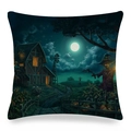 Halloween linen pillowcase with moonlit pumpkin farm and scarecrow illustration - Moon Night Farm Pumpkin Field Style (ym-12)