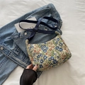 Ethnic style dumpling bag with floral jacquard pattern and adjustable strap - Dark Blue