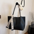 Chic black large-capacity leather tote bag with printed silk ribbon accessory - Black
