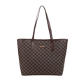 Brown vintage monogram tote bag with gold metal logo and long shoulder straps for women - Coffee