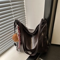 Minimalist deep brown large capacity leather tote bag with a cute bear charm accessory - Coffee with Pendant