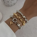 Set di 3 bracciali a strati con ciondolo a cuore dorato e perline CCB irregolari - Perline di Metallo Irregolari Bicolore Con Chiusura OT (06411)