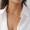 Double-layer gold starfish necklace with colorful beads on a model wearing white shirt - Gold Multi Sea Star Style (06468)
