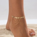 Minimalist bohemian gold multilayer anklet featuring round sequins and fine metal chains - Sequin Tassel Style (00910) / Gold