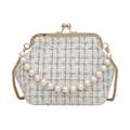 Elegante bolso de tweed con asa de perla y cadena dorada para mujer en blanco y oro - Blanco