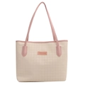 Borsa tote beige pied-de-poule con manici rosa e toppa con logo alla moda - Senza ciondolo / Rosa