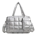 Silver quilted puffer tote bag set with matching small pouch and adjustable shoulder strap - Silver