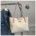 Hahnentritt shopper in crèmewit met stijlvolle roze lederen handvatten en details - Zonder Hanger / Roze
