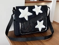 Black canvas star messenger ita bag with plush patches and clear PVC display window - Black