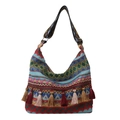 Boho-Schultertasche gewebt mit bunten Fransen und geometrischen Mustern - Blau