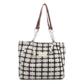 Classic black and white checkered tweed tote bag with pearl chain and leather handles - Brown