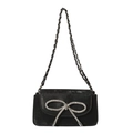 Elegant black velvet crossbody bag with sparkling silver rhinestone bow and chain strap - Black