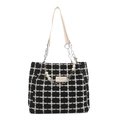 Black and white checkered tweed tote bag with pearl chain and double handles - Black