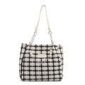 Fashionable black and white checkered tweed tote bag with pearl chain and lucky clover charm - White