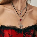 Detail showing Gothic layered necklaces with silver cross and red heart sword pendants - Heart Sword Pierced Heart Three Layer Necklace (06653)