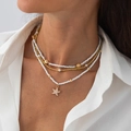 Three-layer beach necklace set featuring white seed beads and a white starfish pendant - Gold+White Sea Star Style (06419)