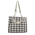 Large black and white tweed check tote bag with green handles and pearl chain - Green