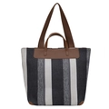 Bolso tote minimalista de lona a rayas con asas de cuero marrón y gran capacidad - Negro