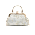 Elegante borsa da sera bianca ricamata con farfalle e manico in metallo dorato - Blu