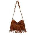 Brown bohemian fringe crossbody bag with woven strap detail on white background - Brown