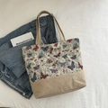 Bolso tote vintage con diseño de mariposa en jacquard y asas de lona beige - Azul