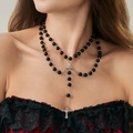 Gothic punk black beaded necklace with a silver crucifix and religious medal - Rosary Beaded Cross Style (7371)