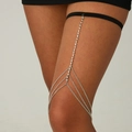 Silver thigh chain with elastic black band and sparkling triple layered rhinestone fringe - Single Row Rhinestone Tassel Thigh Chain (0070)